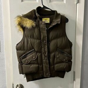 Ariella Dark Brown Puffy Detachable Fur Hooded Vest small